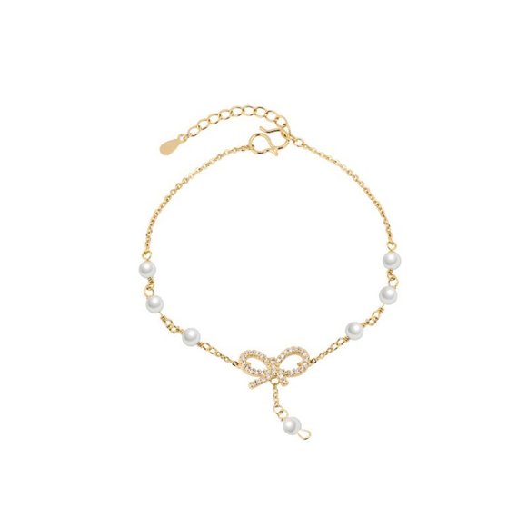 *NEW Yellow Gold Diamond Bow Knot Pearl Bracelet - Picture 10 of 10